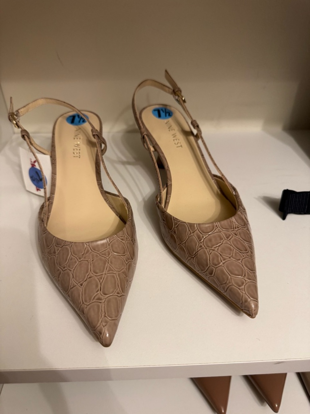 Nine West Taupe Croc-Embossed Pointed Slingback Flats